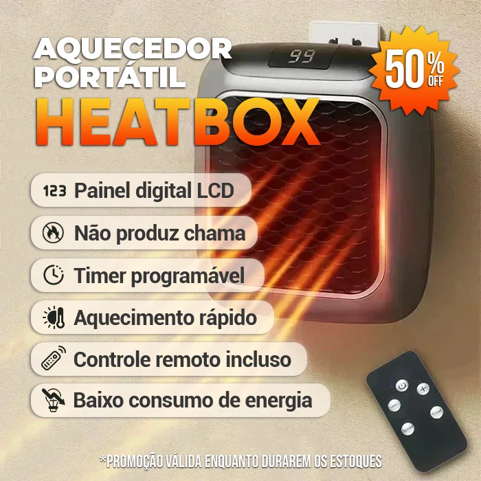 Aquecedor Portátil HeatBox com Controle Remoto Bivolt (50% OFF + FRETE GRÁTIS)