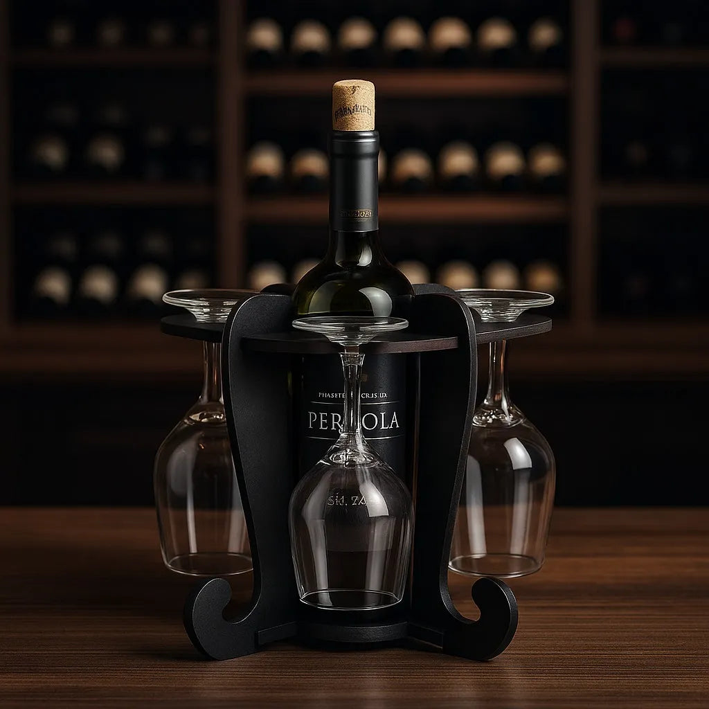 Adega De Vinhos Preta Com Suporte Para 4 Taças Elegância