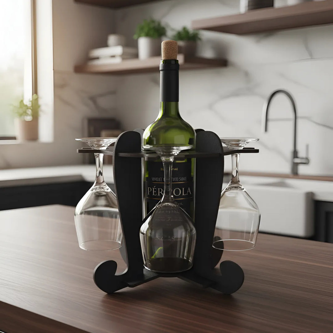 Adega De Vinhos Preta Com Suporte Para 4 Taças Elegância