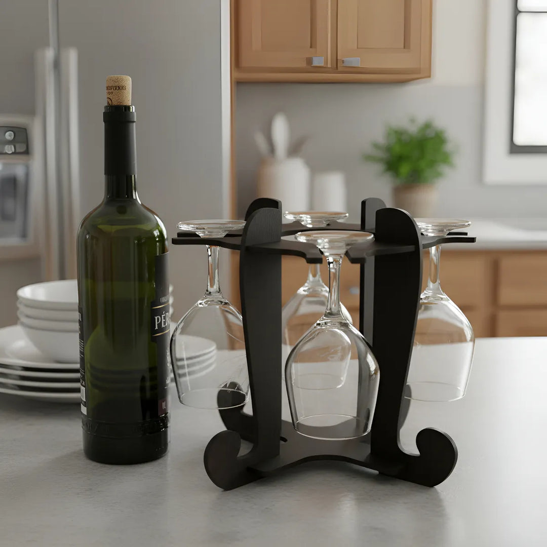 Adega De Vinhos Preta Com Suporte Para 4 Taças Elegância