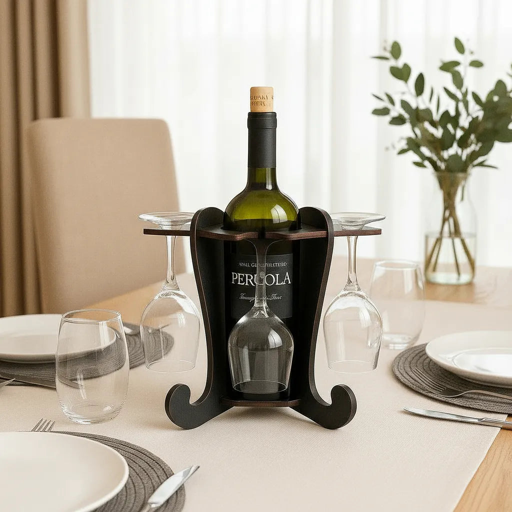 Adega De Vinhos Preta Com Suporte Para 4 Taças Elegância