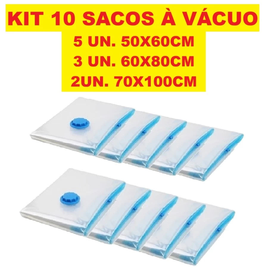 Kit 10 Sacos Á Vácuo Reutilizável Transparente Com Válvula E Bomba USB Recarregável Bivolt