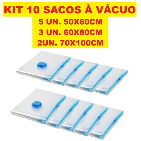 Kit 10 Sacos Á Vácuo Reutilizável Transparente Com Válvula E Bomba USB Recarregável Bivolt