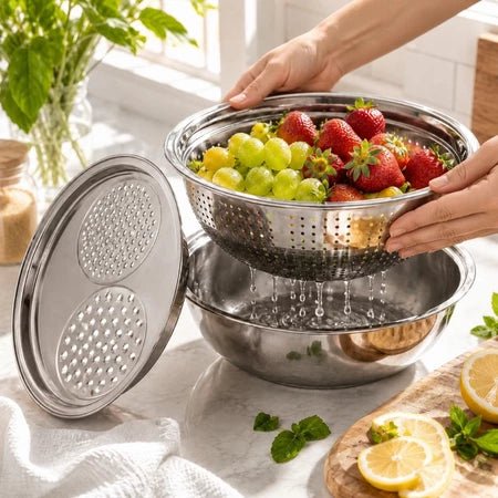 Tigela e Escorredor Multiuso Ralador 3 em 1 - Aço Inox