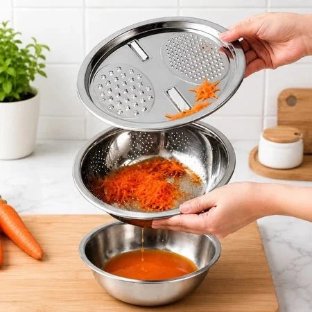 Tigela e Escorredor Multiuso Ralador 3 em 1 - Aço Inox